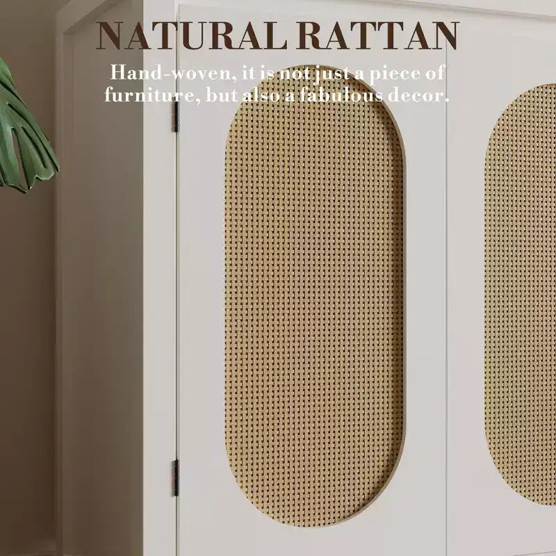 Credenza moderna con mobiletto in rattan, ripiani regolabili e ante, piccolo mobiletto in stile bohémien