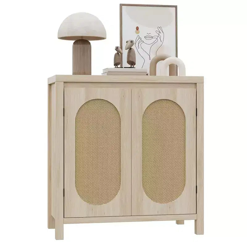 Credenza moderna con mobiletto in rattan, ripiani regolabili e ante, piccolo mobiletto in stile bohémien