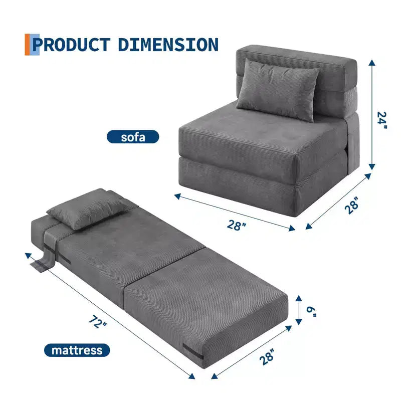 Divano Letto Pieghevole Convertibile 4 in 1 con Cuscino, Moderna Poltrona a Sacco in Velluto a Coste, Grigio Scuro