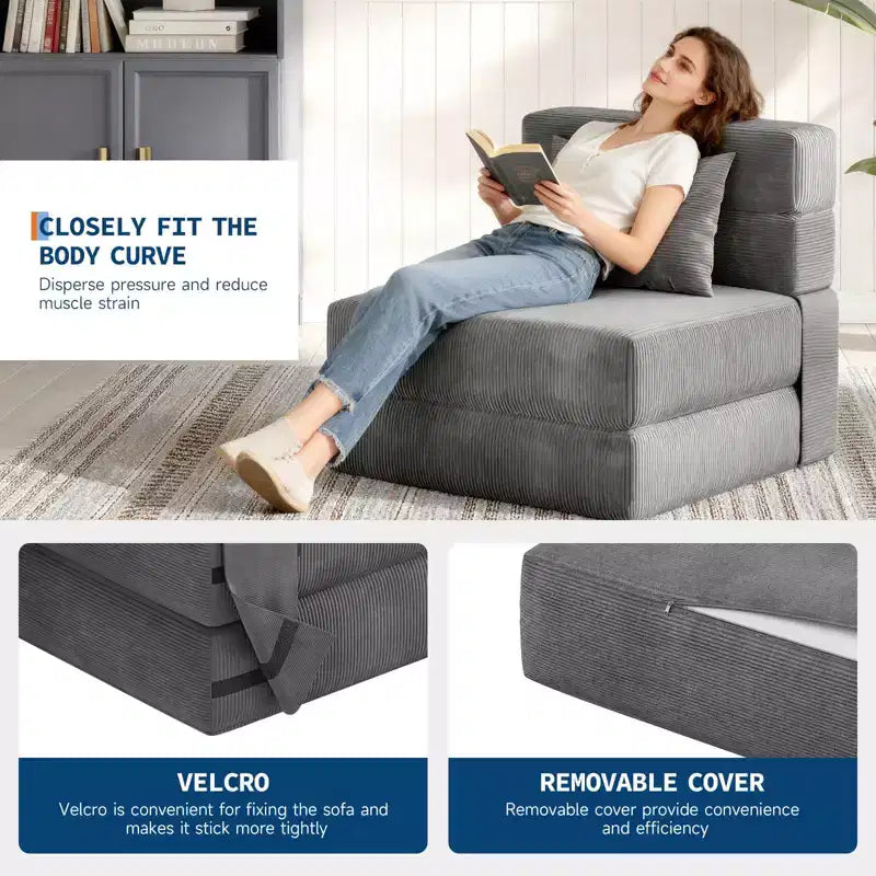 Divano Letto Pieghevole Convertibile 4 in 1 con Cuscino, Moderna Poltrona a Sacco in Velluto a Coste, Grigio Scuro