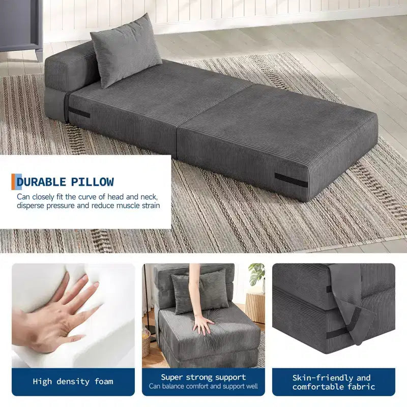 Divano Letto Pieghevole Convertibile 4 in 1 con Cuscino, Moderna Poltrona a Sacco in Velluto a Coste, Grigio Scuro