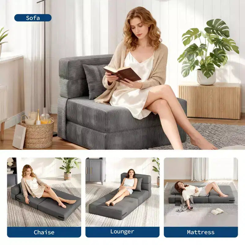 Divano Letto Pieghevole Convertibile 4 in 1 con Cuscino, Moderna Poltrona a Sacco in Velluto a Coste, Grigio Scuro