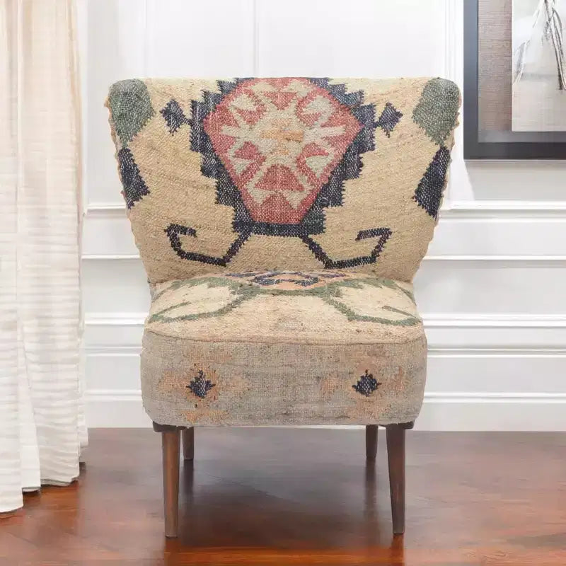 Poltrona con schienale a orecchioni in iuta color beige, blu e rosso, stile sud-occidentale, 26 pezzi
