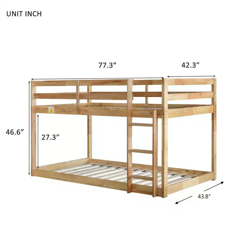 Letto a castello a pavimento 77,3IN per due materassi singoli con scaletta, letto singolo con ringhiera e doghe rinforzate, struttura letto per camera dei bambini, sala giochi, naturale