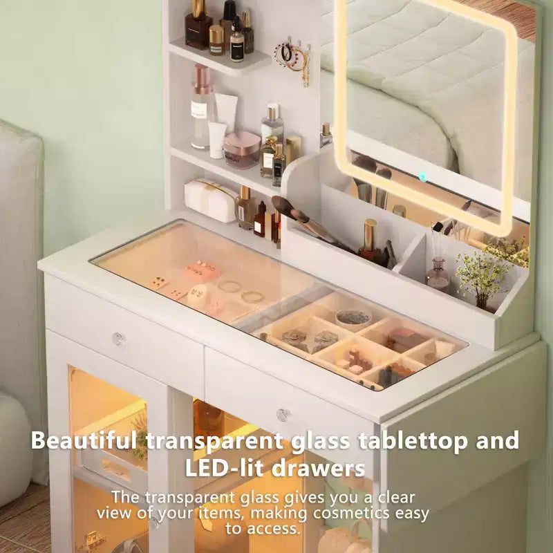 Moderno Tavolino da Trucco con Specchio e Luci a LED, Piccola Scrivania da Toilette con Grande Capacità di Archiviazione, Tavolo per Trucco per Camere da Letto