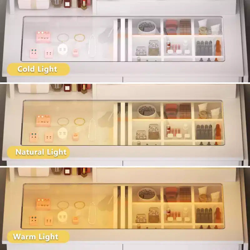 Moderno Tavolino da Trucco con Specchio e Luci a LED, Piccola Scrivania da Toilette con Grande Capacità di Archiviazione, Tavolo per Trucco per Camere da Letto
