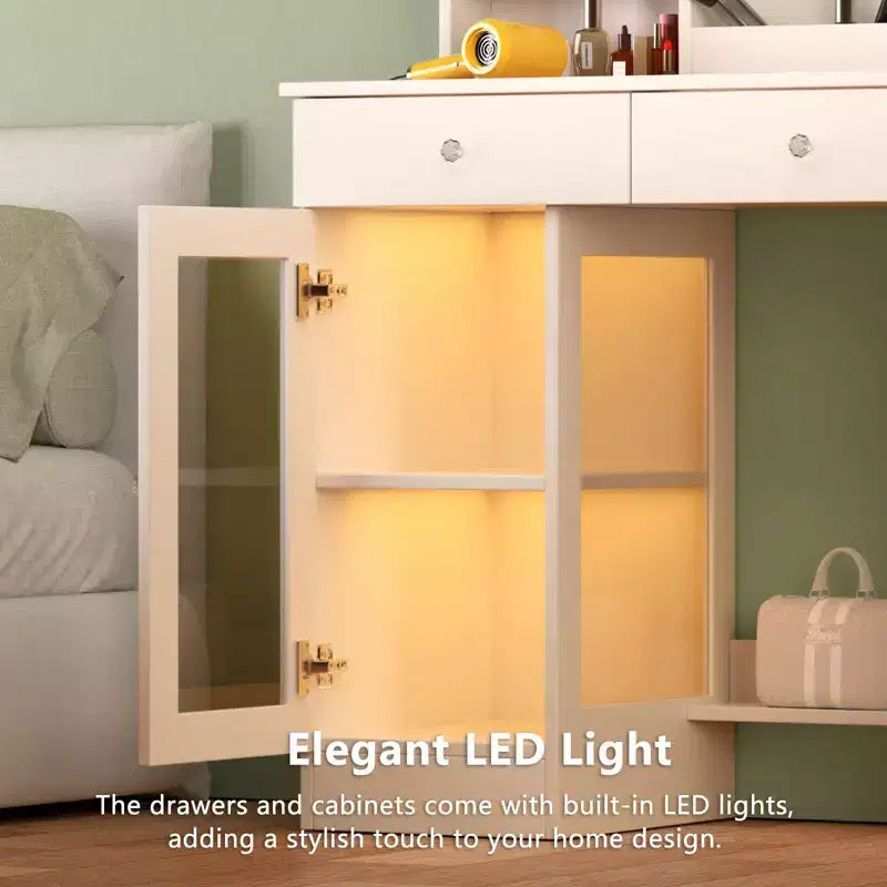Moderno Tavolino da Trucco con Specchio e Luci a LED, Piccola Scrivania da Toilette con Grande Capacità di Archiviazione, Tavolo per Trucco per Camere da Letto
