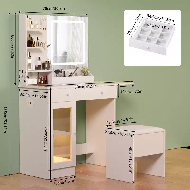 Moderno Tavolino da Trucco con Specchio e Luci a LED, Piccola Scrivania da Toilette con Grande Capacità di Archiviazione, Tavolo per Trucco per Camere da Letto