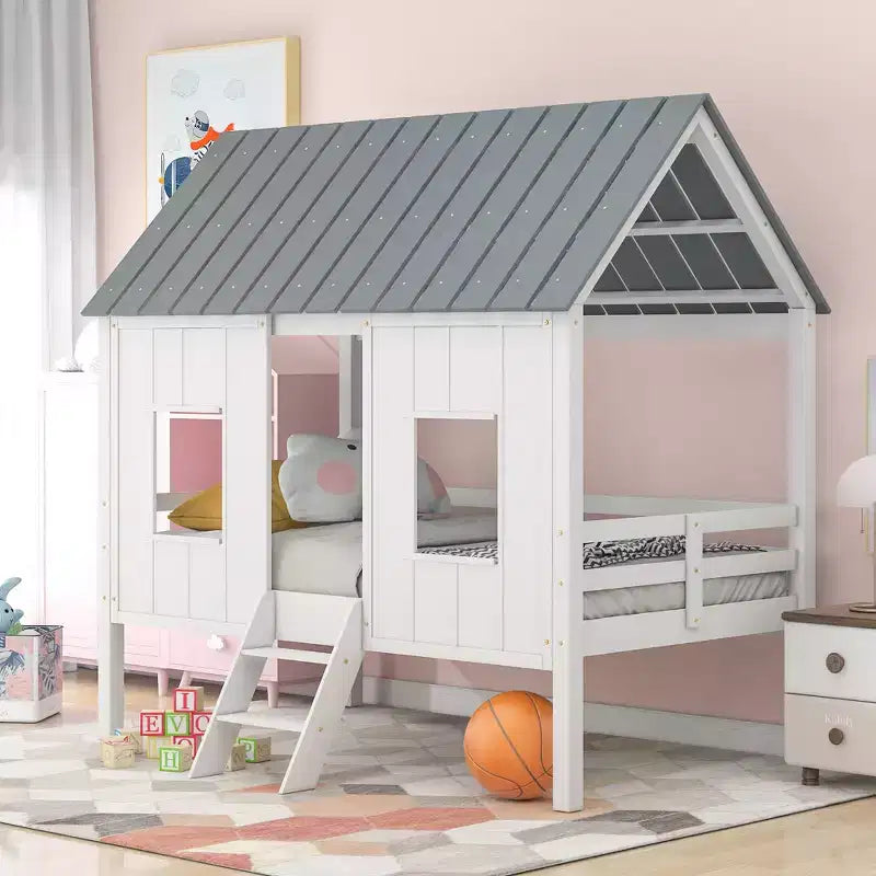 Twin Size Low Loft Bed, Wooden House Bed with Roof, Two Front Windows and Guardrail, White