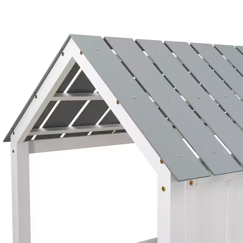 Letto basso a soppalco singolo, Letto a casetta in legno con tetto, Due finestre anteriori e ringhiera, Bianco