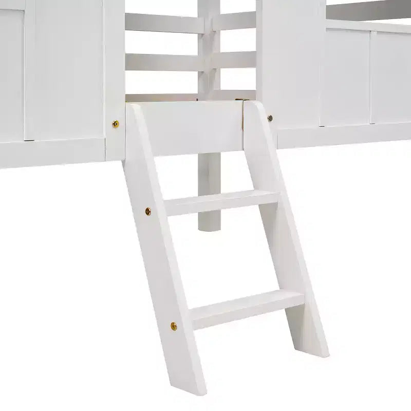 Letto basso a soppalco singolo, Letto a casetta in legno con tetto, Due finestre anteriori e ringhiera, Bianco