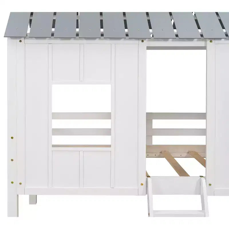 Letto basso a soppalco singolo, Letto a casetta in legno con tetto, Due finestre anteriori e ringhiera, Bianco