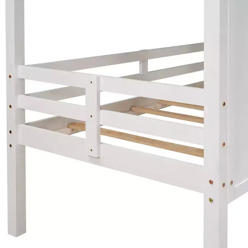 Letto basso a soppalco singolo, Letto a casetta in legno con tetto, Due finestre anteriori e ringhiera, Bianco