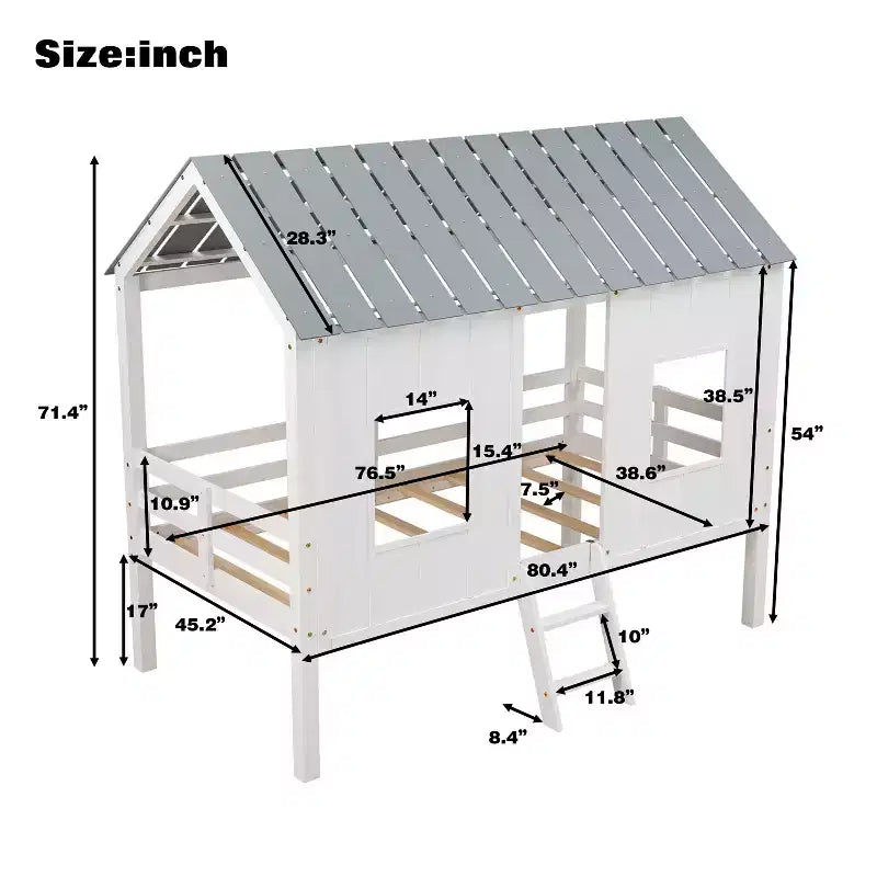 Letto basso a soppalco singolo, Letto a casetta in legno con tetto, Due finestre anteriori e ringhiera, Bianco