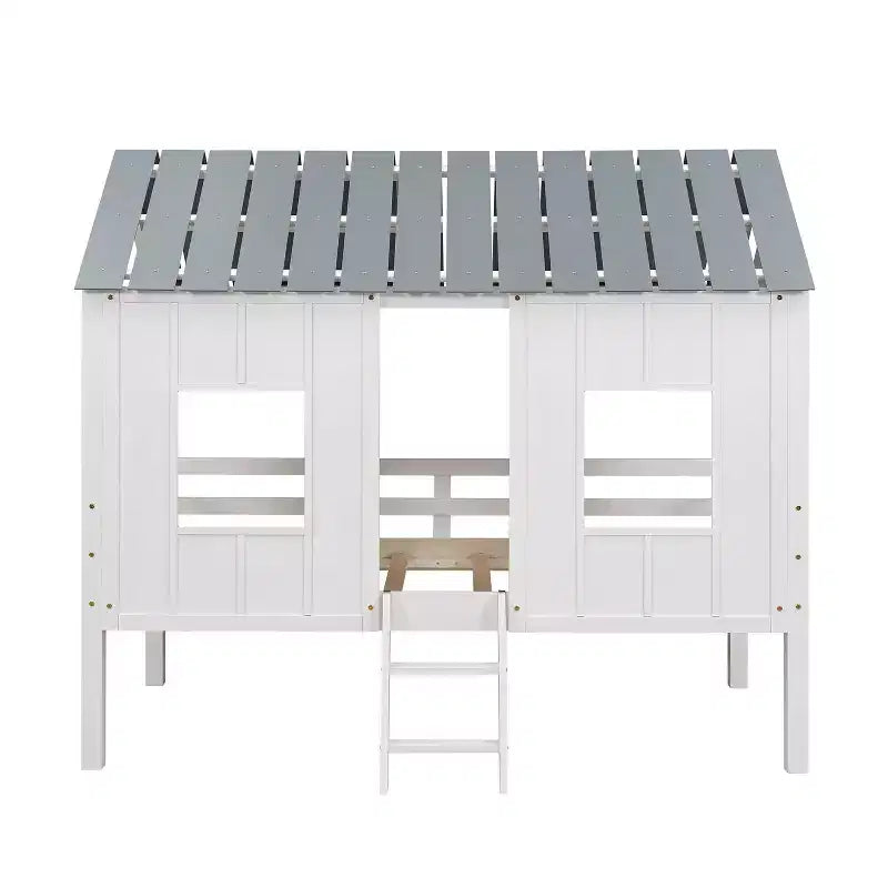Letto basso a soppalco singolo, Letto a casetta in legno con tetto, Due finestre anteriori e ringhiera, Bianco