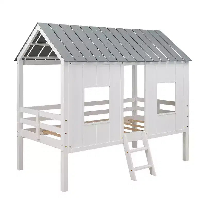 Letto basso a soppalco singolo, Letto a casetta in legno con tetto, Due finestre anteriori e ringhiera, Bianco