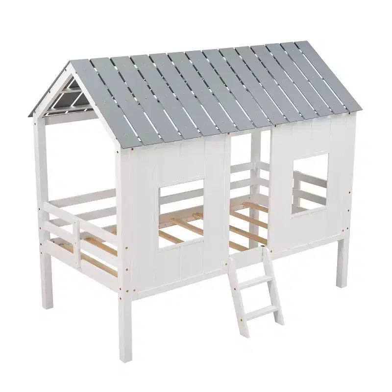 Letto basso a soppalco singolo, Letto a casetta in legno con tetto, Due finestre anteriori e ringhiera, Bianco