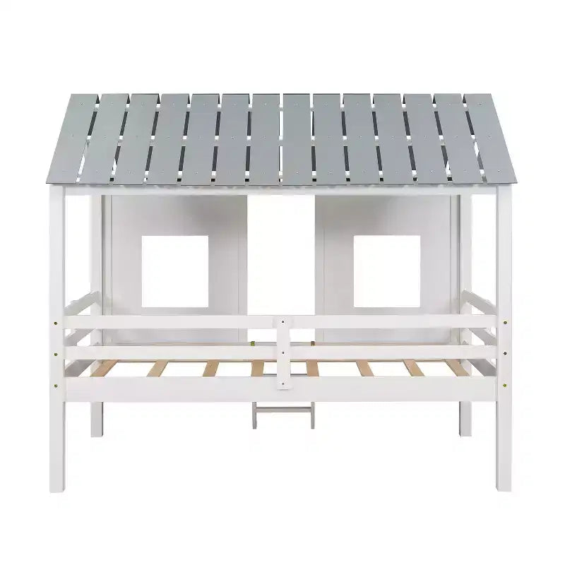 Letto basso a soppalco singolo, Letto a casetta in legno con tetto, Due finestre anteriori e ringhiera, Bianco