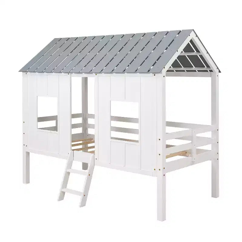 Letto basso a soppalco singolo, Letto a casetta in legno con tetto, Due finestre anteriori e ringhiera, Bianco