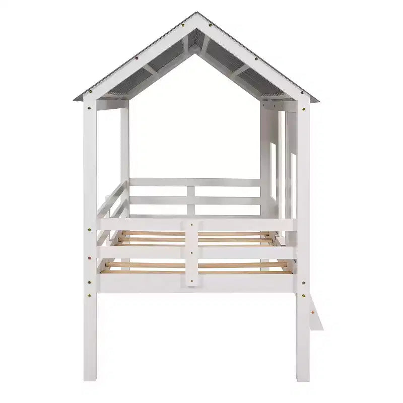 Letto basso a soppalco singolo, Letto a casetta in legno con tetto, Due finestre anteriori e ringhiera, Bianco