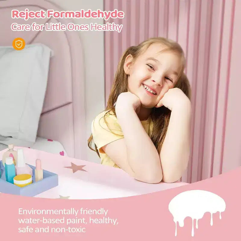 Toeletta per Bambini 2-in-1, Specchio Tri-Pieghevole, Cassetto Grande, Gambe in Legno Massello, Età 4-9, Rosa