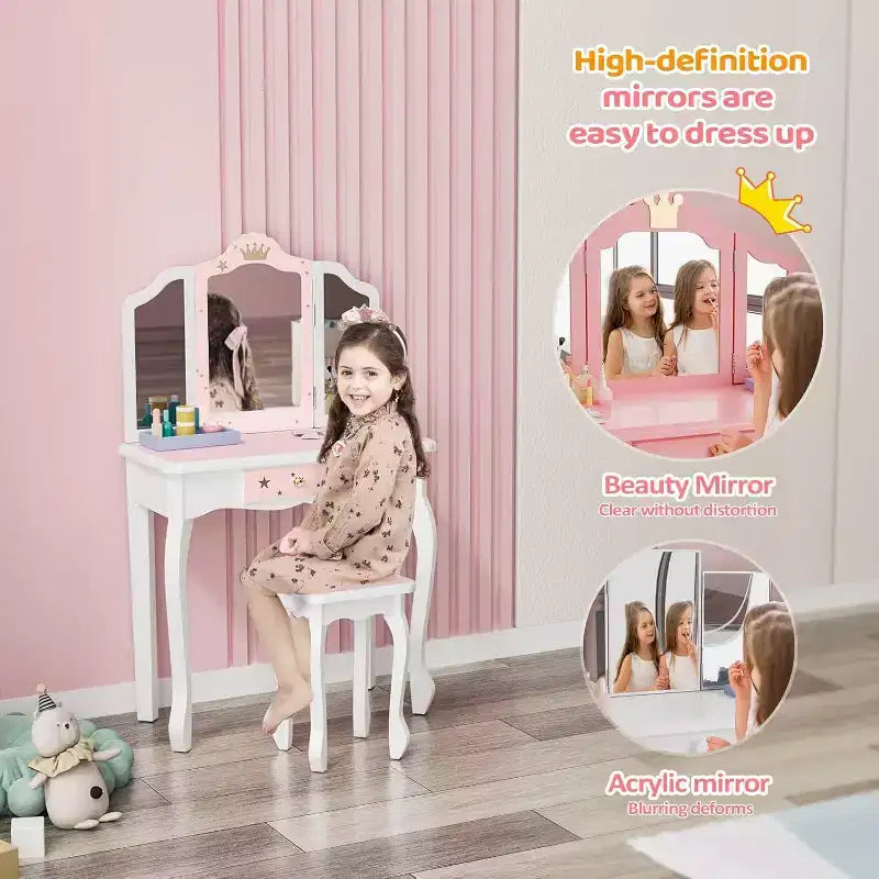 Toeletta per Bambini 2-in-1, Specchio Tri-Pieghevole, Cassetto Grande, Gambe in Legno Massello, Età 4-9, Rosa