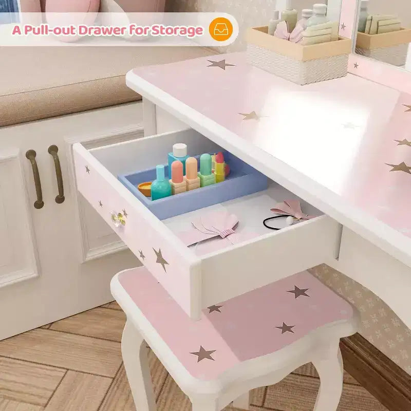 Toeletta per Bambini 2-in-1, Specchio Tri-Pieghevole, Cassetto Grande, Gambe in Legno Massello, Età 4-9, Rosa