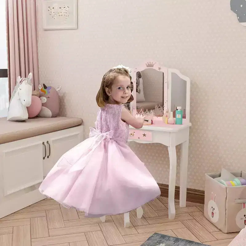 Toeletta per Bambini 2-in-1, Specchio Tri-Pieghevole, Cassetto Grande, Gambe in Legno Massello, Età 4-9, Rosa