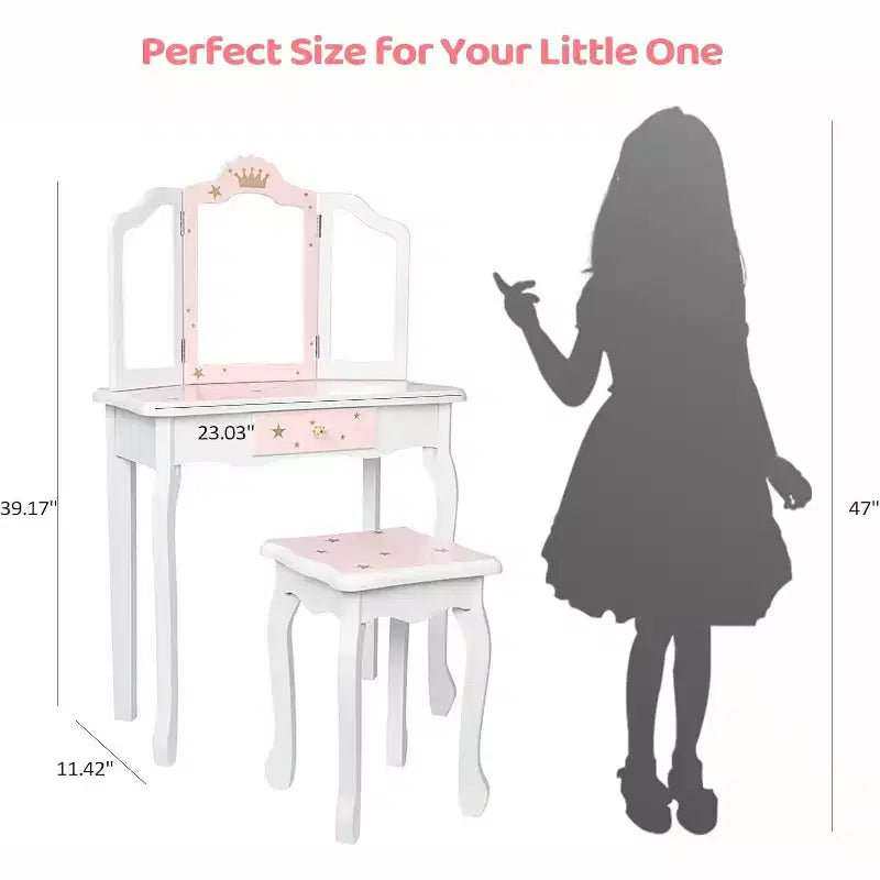 Toeletta per Bambini 2-in-1, Specchio Tri-Pieghevole, Cassetto Grande, Gambe in Legno Massello, Età 4-9, Rosa