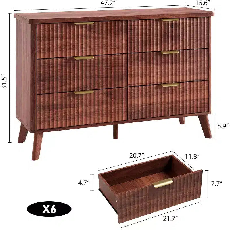 Cassettiera scanalata con 6 cassetti, comò moderno in legno con design curvo per la camera da letto