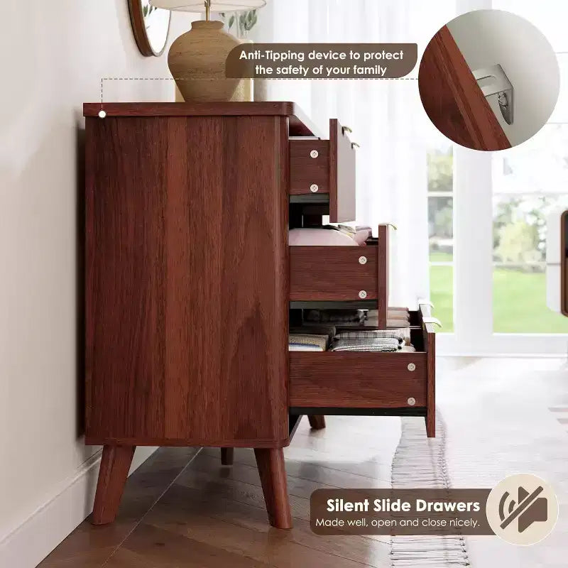 Cassettiera scanalata con 6 cassetti, comò moderno in legno con design curvo per la camera da letto