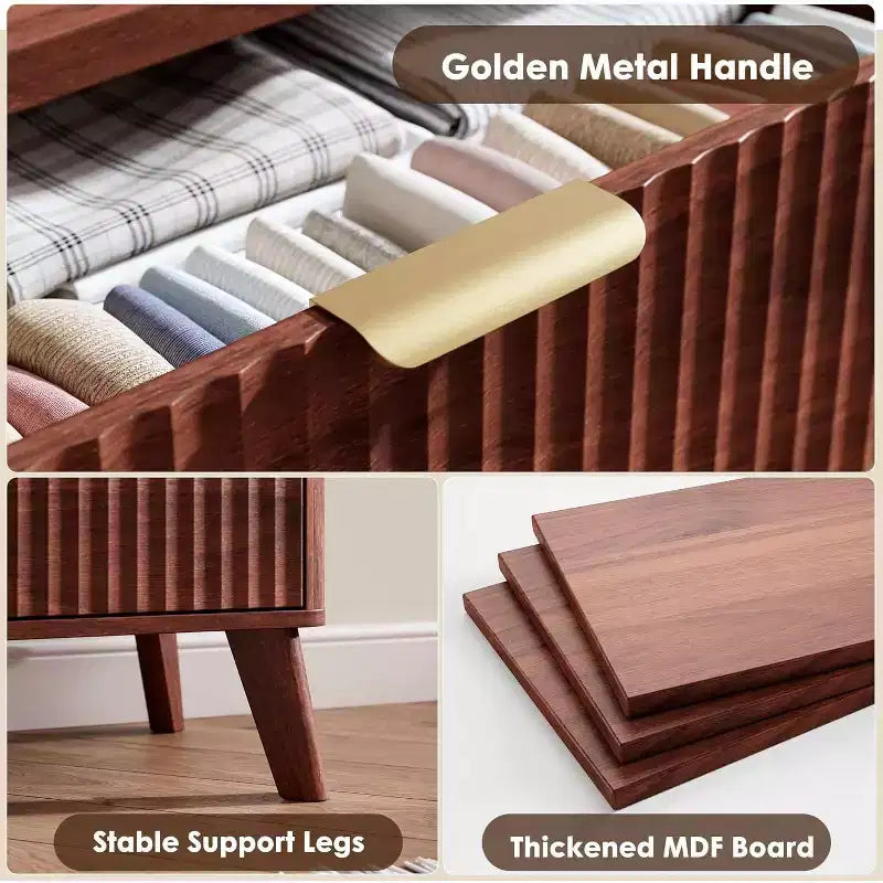 Cassettiera scanalata con 6 cassetti, comò moderno in legno con design curvo per la camera da letto