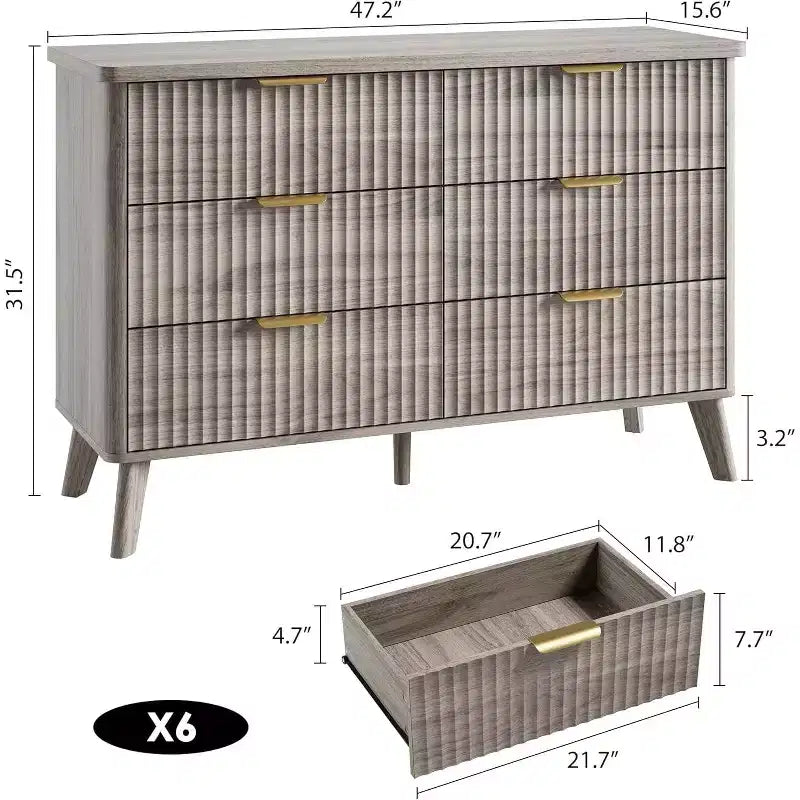 Cassettiera scanalata con 6 cassetti, comò moderno in legno con design curvo per la camera da letto