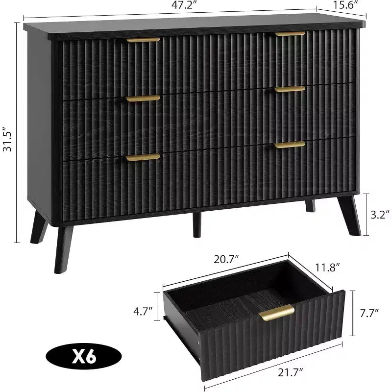 Cassettiera scanalata con 6 cassetti, comò moderno in legno con design curvo per la camera da letto