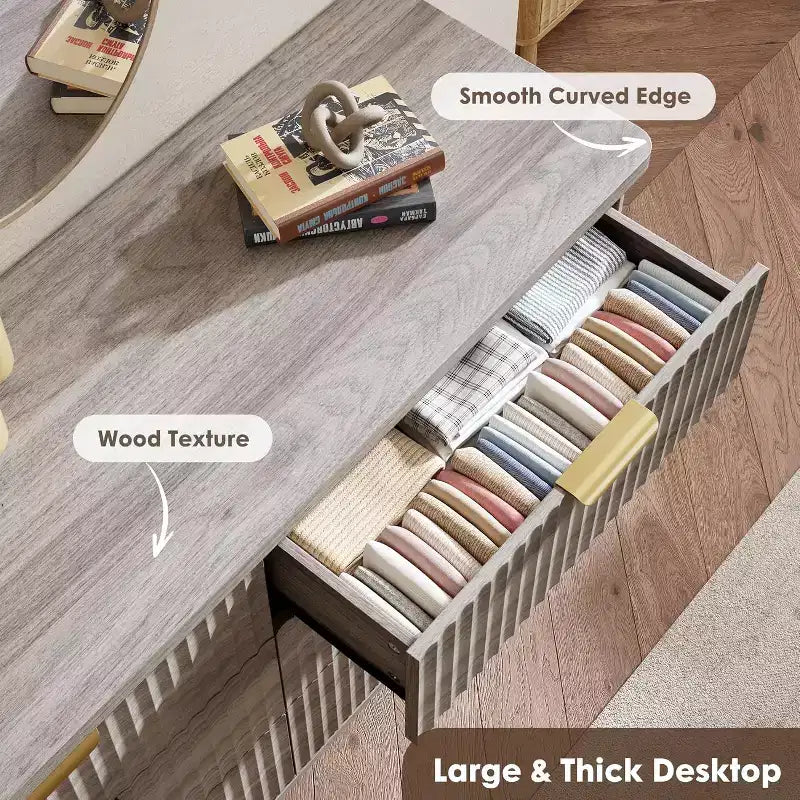 Cassettiera scanalata con 6 cassetti, comò moderno in legno con design curvo per la camera da letto