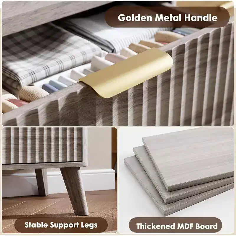 Cassettiera scanalata con 6 cassetti, comò moderno in legno con design curvo per la camera da letto