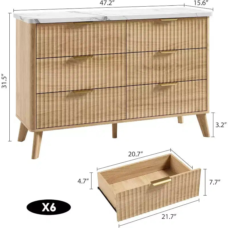 Cassettiera scanalata con 6 cassetti, comò moderno in legno con design curvo per la camera da letto