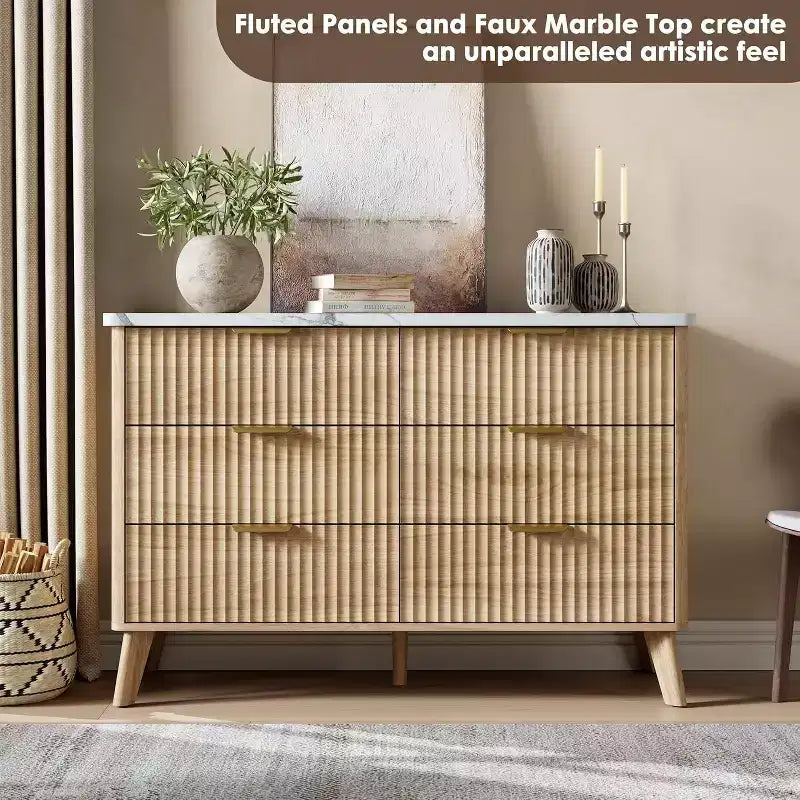 Cassettiera scanalata con 6 cassetti, comò moderno in legno con design curvo per la camera da letto