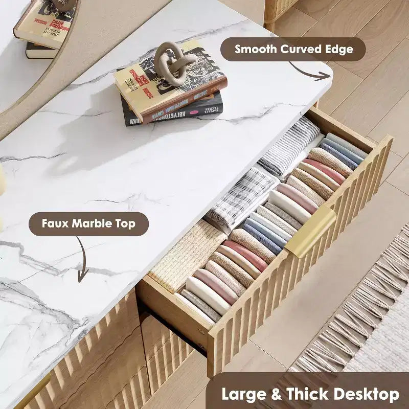Cassettiera scanalata con 6 cassetti, comò moderno in legno con design curvo per la camera da letto