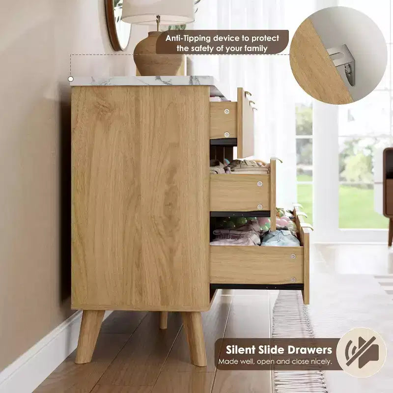 Cassettiera scanalata con 6 cassetti, comò moderno in legno con design curvo per la camera da letto