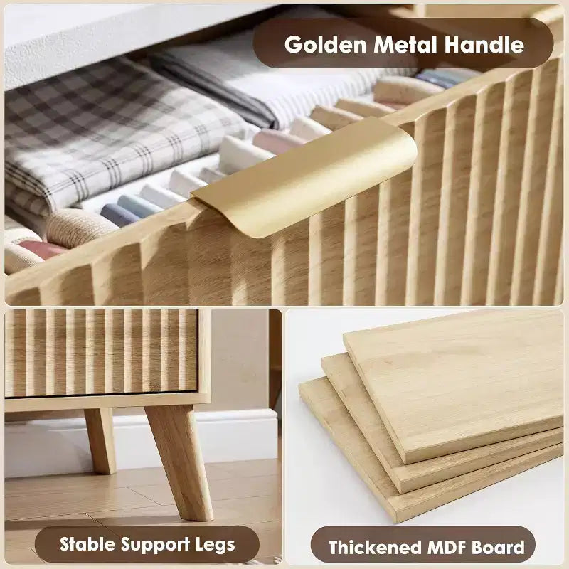 Cassettiera scanalata con 6 cassetti, comò moderno in legno con design curvo per la camera da letto