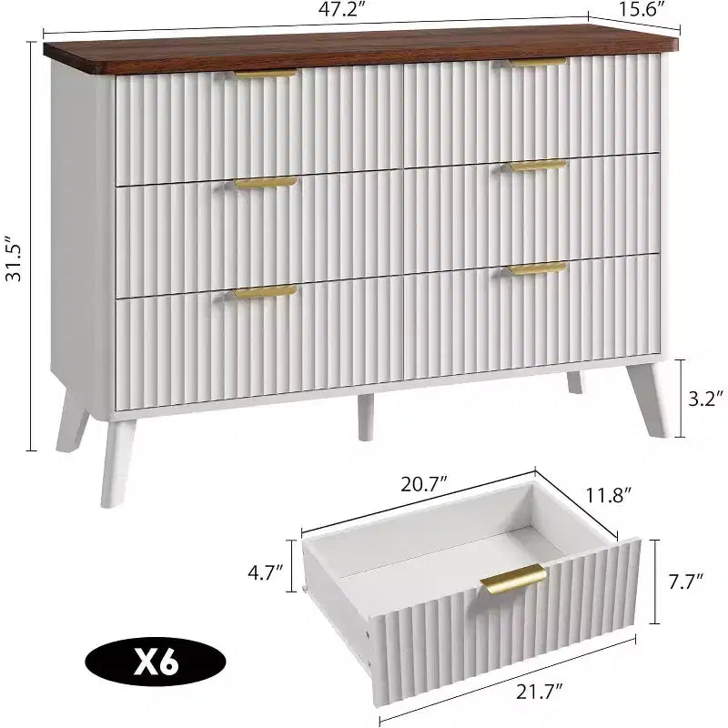 Cassettiera scanalata con 6 cassetti, comò moderno in legno con design curvo per la camera da letto