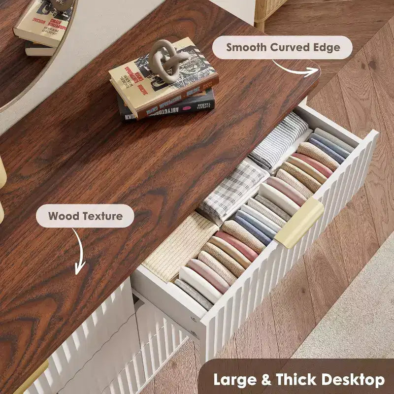 Cassettiera scanalata con 6 cassetti, comò moderno in legno con design curvo per la camera da letto