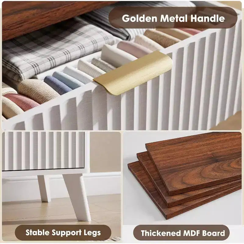 Cassettiera scanalata con 6 cassetti, comò moderno in legno con design curvo per la camera da letto