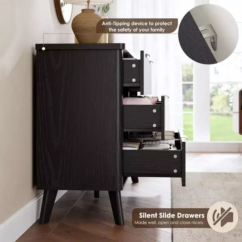 Cassettiera scanalata con 6 cassetti, comò moderno in legno con design curvo per la camera da letto
