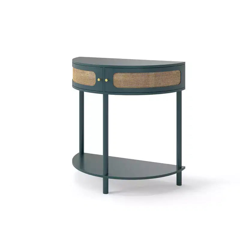 Elegante Tavolino Terminale Semicircolare con 2 Armadietti in Rattan e Ripiano Inferiore per Soggiorno, Camera da Letto, Corridoio