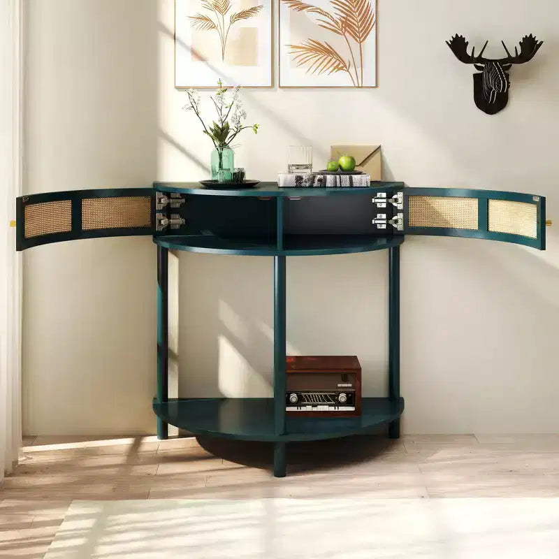Elegante Tavolino Terminale Semicircolare con 2 Armadietti in Rattan e Ripiano Inferiore per Soggiorno, Camera da Letto, Corridoio
