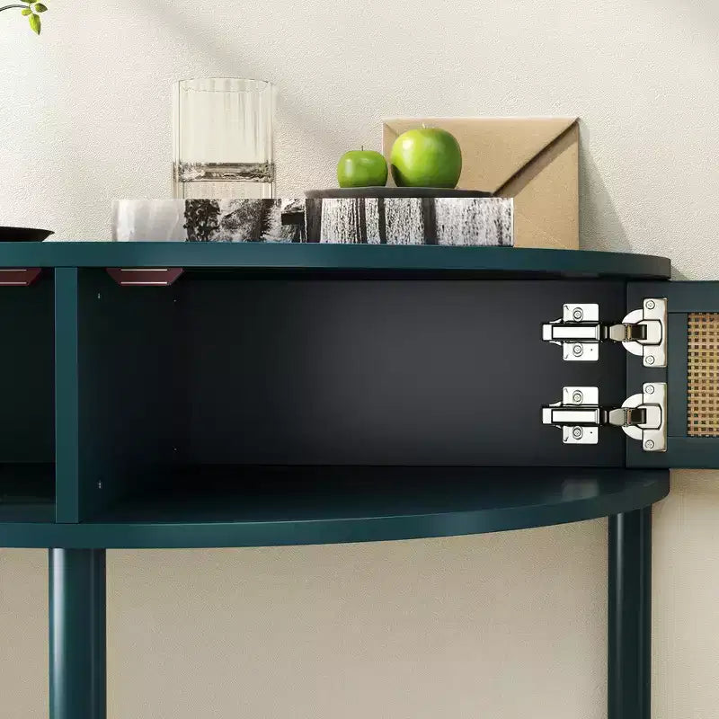 Elegante Tavolino Terminale Semicircolare con 2 Armadietti in Rattan e Ripiano Inferiore per Soggiorno, Camera da Letto, Corridoio