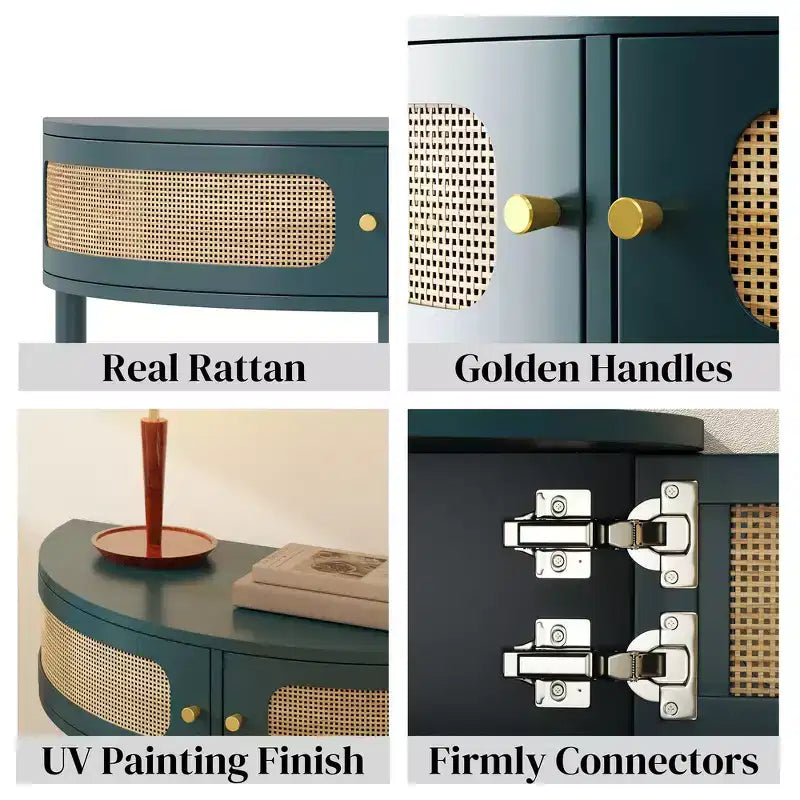 Elegante Tavolino Terminale Semicircolare con 2 Armadietti in Rattan e Ripiano Inferiore per Soggiorno, Camera da Letto, Corridoio