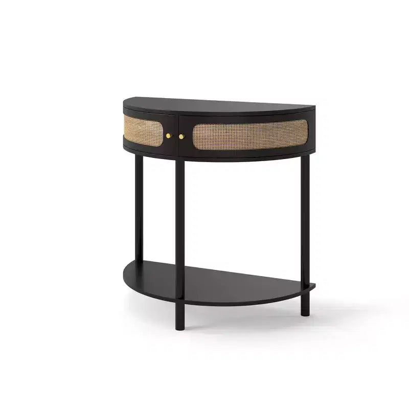 Elegante Tavolino Terminale Semicircolare con 2 Armadietti in Rattan e Ripiano Inferiore per Soggiorno, Camera da Letto, Corridoio